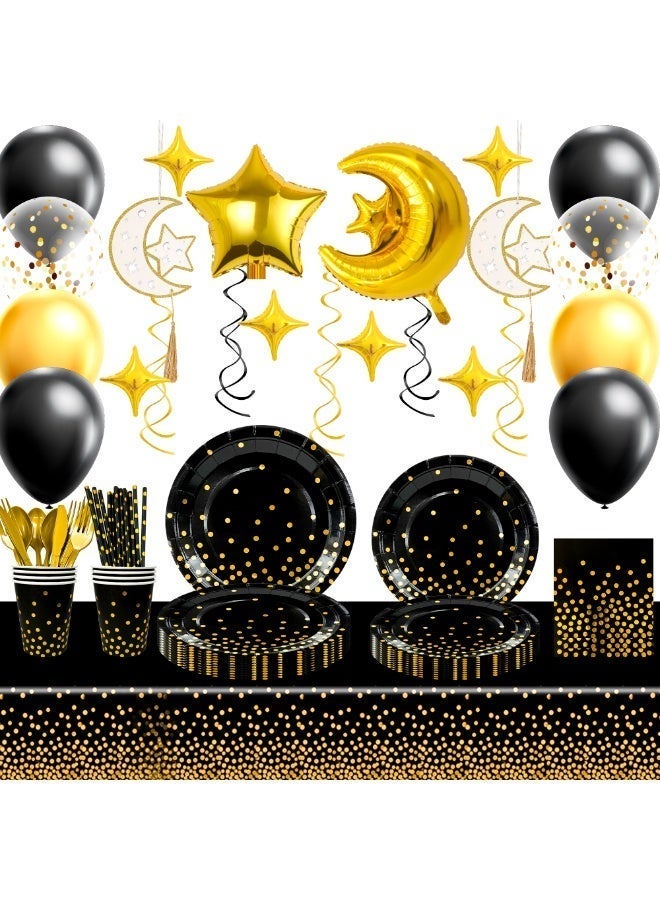 FRUITFUL PARTY 157pcs Ramadan Party Decorations, Black and Gold Polka Dot Tableware Set for 16 Guests Moon & Star Foil Balloons, Wooden Star Moon Hanging Ornaments Tablecover for Elegant Eid Mubarak Decor for Ramadan Gatherings - Image 1