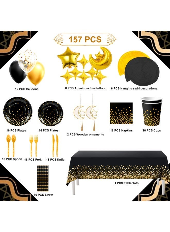 FRUITFUL PARTY 157pcs Ramadan Party Decorations, Black and Gold Polka Dot Tableware Set for 16 Guests Moon & Star Foil Balloons, Wooden Star Moon Hanging Ornaments Tablecover for Elegant Eid Mubarak Decor for Ramadan Gatherings - Image 2