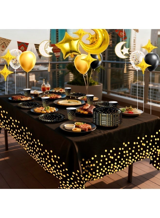 FRUITFUL PARTY 157pcs Ramadan Party Decorations, Black and Gold Polka Dot Tableware Set for 16 Guests Moon & Star Foil Balloons, Wooden Star Moon Hanging Ornaments Tablecover for Elegant Eid Mubarak Decor for Ramadan Gatherings - Image 4