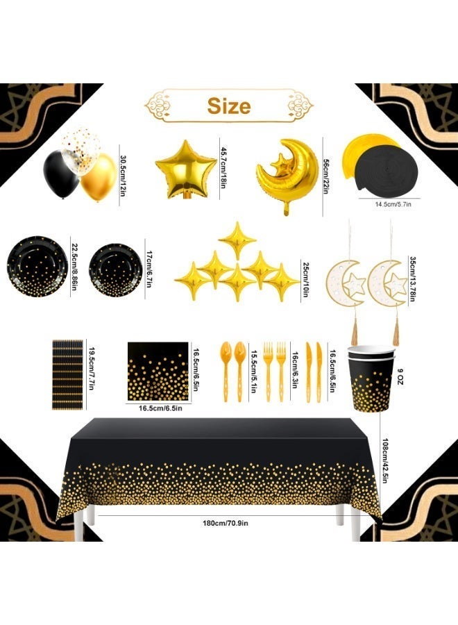 FRUITFUL PARTY 157pcs Ramadan Party Decorations, Black and Gold Polka Dot Tableware Set for 16 Guests Moon & Star Foil Balloons, Wooden Star Moon Hanging Ornaments Tablecover for Elegant Eid Mubarak Decor for Ramadan Gatherings - Image 3