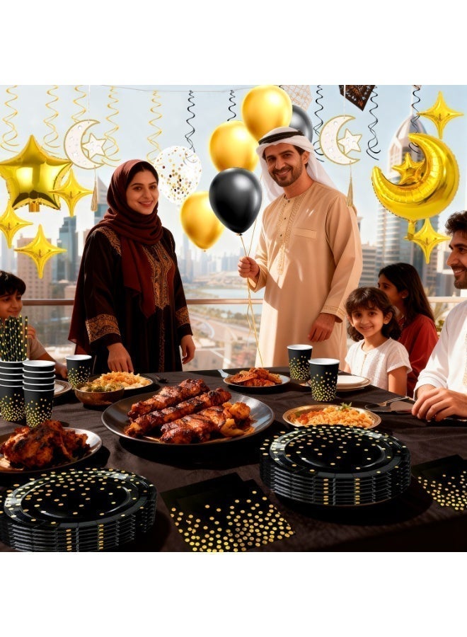 FRUITFUL PARTY 157pcs Ramadan Party Decorations, Black and Gold Polka Dot Tableware Set for 16 Guests Moon & Star Foil Balloons, Wooden Star Moon Hanging Ornaments Tablecover for Elegant Eid Mubarak Decor for Ramadan Gatherings - Image 5