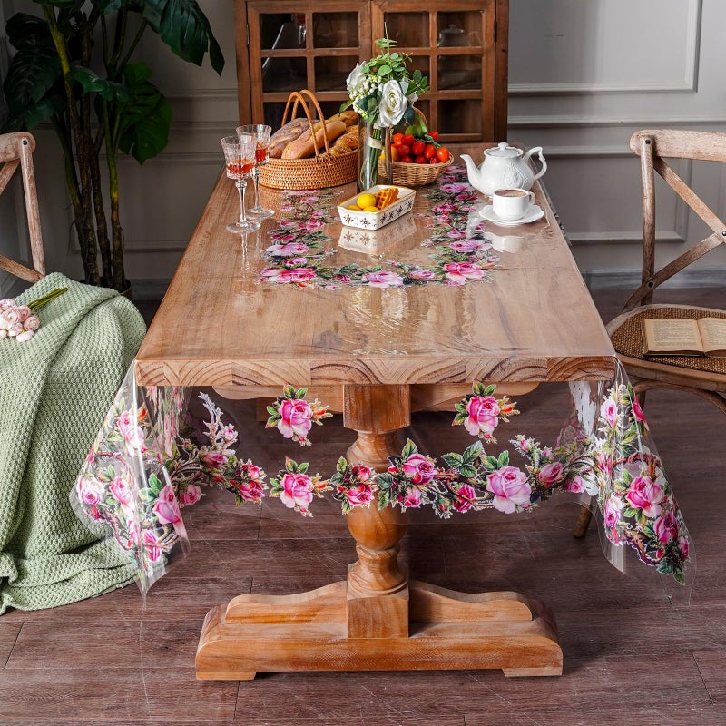 ARTABLE Clear Table Cover Protector Vinyl PVC Rectangle Table Cloth with Floral Print Pattern Oil Proof Wipe-able Plastic Tablecloths for Dining Tables Parties Holidays (Rose, 52 x 70 Inches) - Image 5