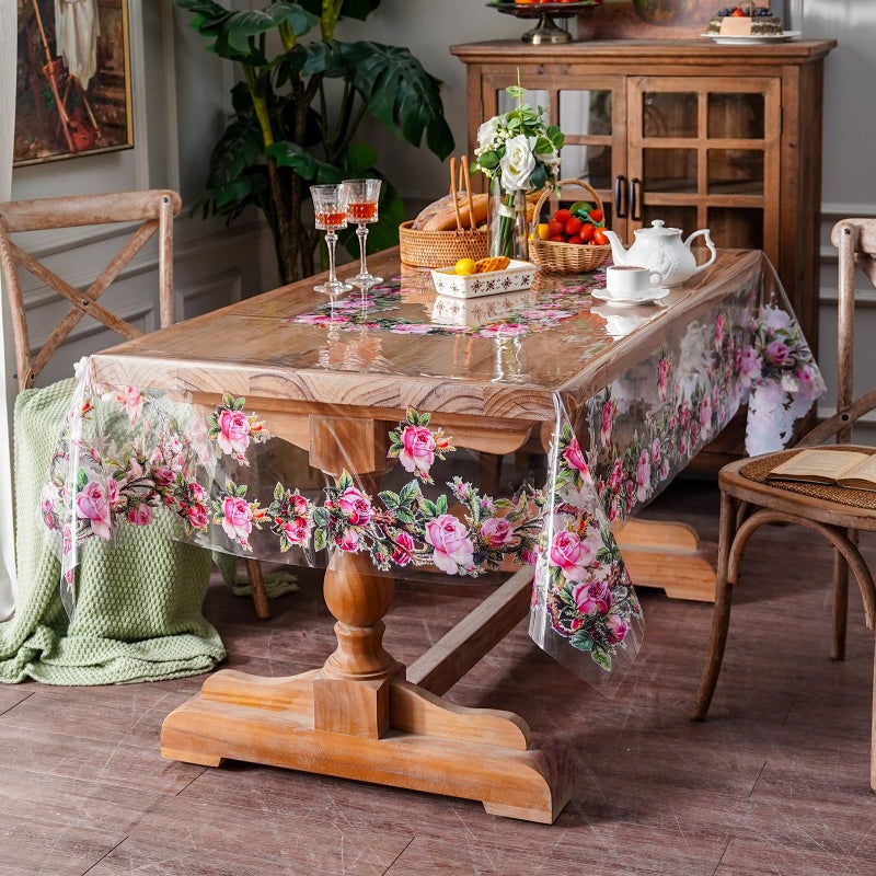 ARTABLE Clear Table Cover Protector Vinyl PVC Rectangle Table Cloth with Floral Print Pattern Oil Proof Wipe-able Plastic Tablecloths for Dining Tables Parties Holidays (Rose, 52 x 70 Inches) - Image 4