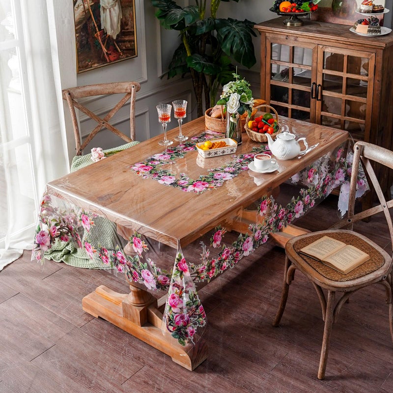 ARTABLE Clear Table Cover Protector Vinyl PVC Rectangle Table Cloth with Floral Print Pattern Oil Proof Wipe-able Plastic Tablecloths for Dining Tables Parties Holidays (Rose, 52 x 70 Inches) - Image 3