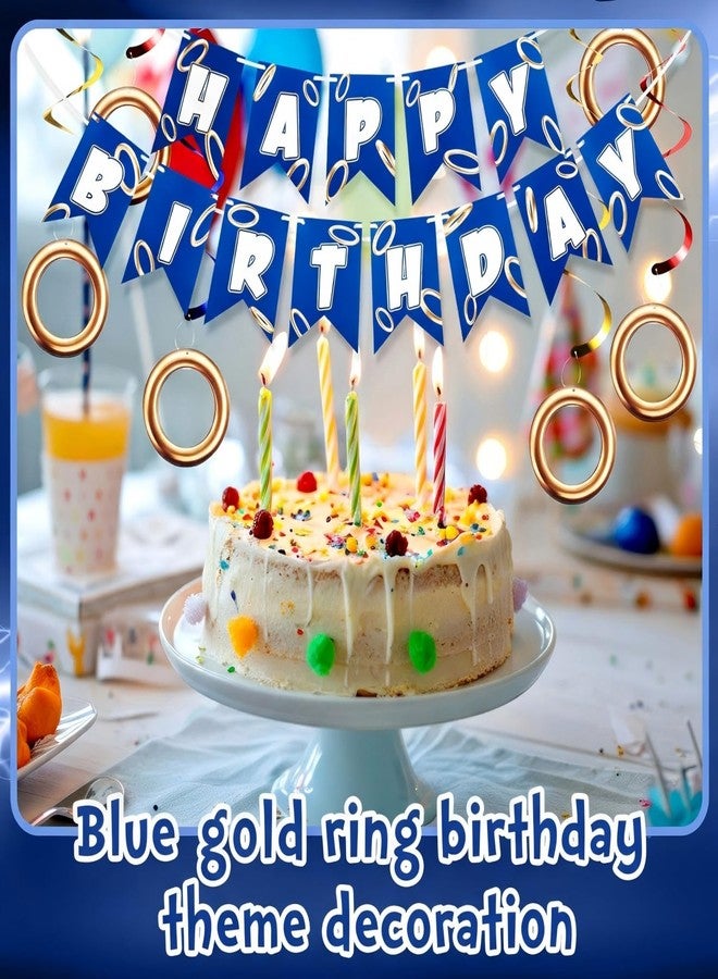 ايباك لافتة عيد ميلاد إيباخ باللونين الأزرق والذهبي مع 8 قطع من حلقات الزينة المعلقة بتصميمات حلزونية ورسومات كرتونية، مستلزمات حفلات عيد ميلاد سعيد للاحتفالات العائلية وديكور المنزل - Image 5