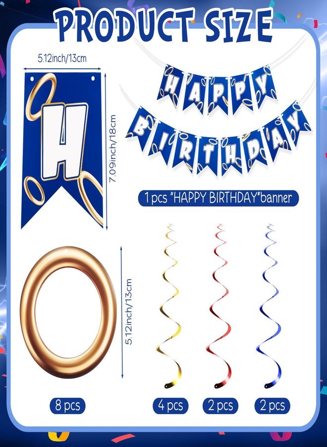 ايباك لافتة عيد ميلاد إيباخ باللونين الأزرق والذهبي مع 8 قطع من حلقات الزينة المعلقة بتصميمات حلزونية ورسومات كرتونية، مستلزمات حفلات عيد ميلاد سعيد للاحتفالات العائلية وديكور المنزل - Image 3