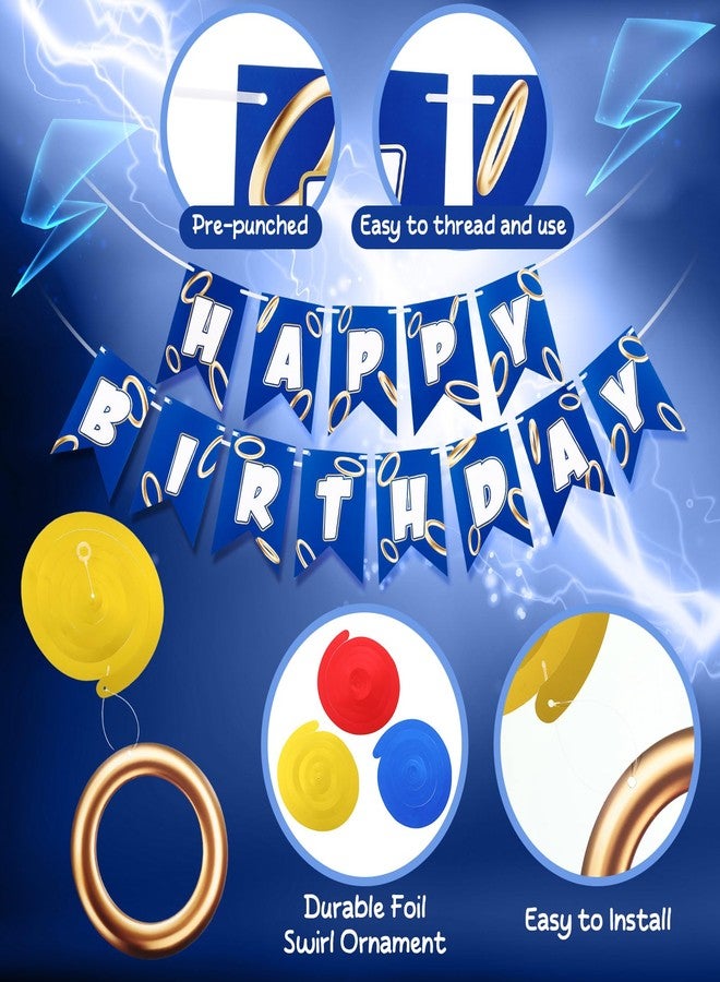 ايباك لافتة عيد ميلاد إيباخ باللونين الأزرق والذهبي مع 8 قطع من حلقات الزينة المعلقة بتصميمات حلزونية ورسومات كرتونية، مستلزمات حفلات عيد ميلاد سعيد للاحتفالات العائلية وديكور المنزل - Image 4