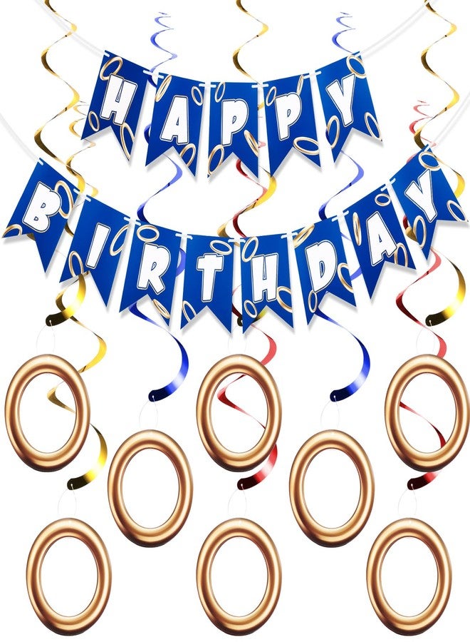 ايباك لافتة عيد ميلاد إيباخ باللونين الأزرق والذهبي مع 8 قطع من حلقات الزينة المعلقة بتصميمات حلزونية ورسومات كرتونية، مستلزمات حفلات عيد ميلاد سعيد للاحتفالات العائلية وديكور المنزل - Image 1