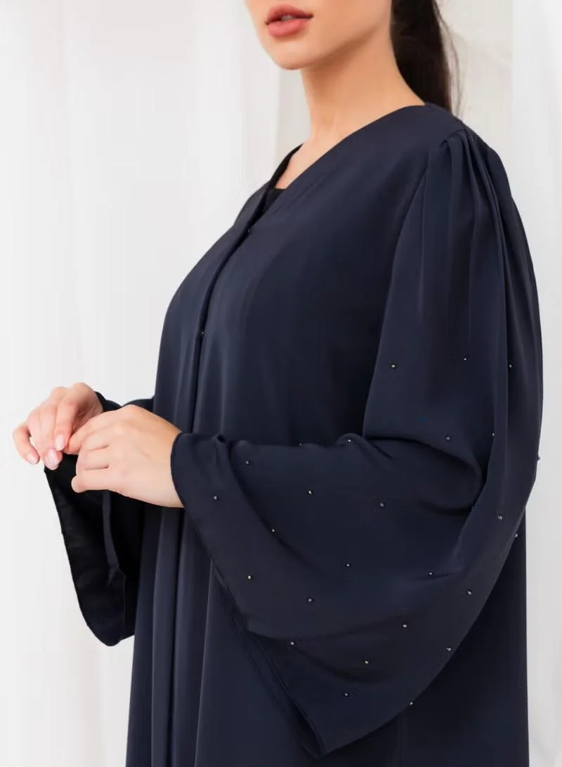 Nikias  Nikias Navy blue Nida abaya with crystals on sleeves for Women | Best Price UAE