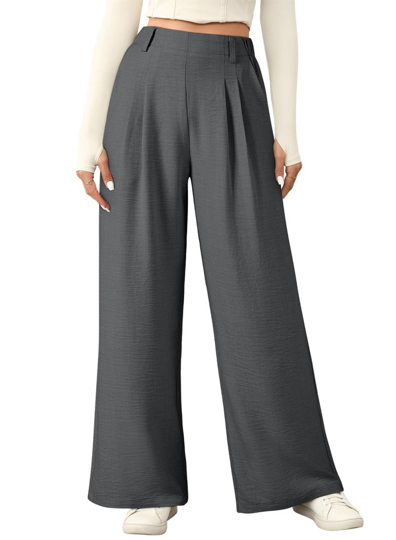 EVALESS Linen Texture Work Pants for Women Summer Wide Leg Business Casual Trousers Elastic High Waisted Flowy Palazzo Pants Ladies Spring Baggy Comfy Slacks with Pockets Grey Large - Image 1