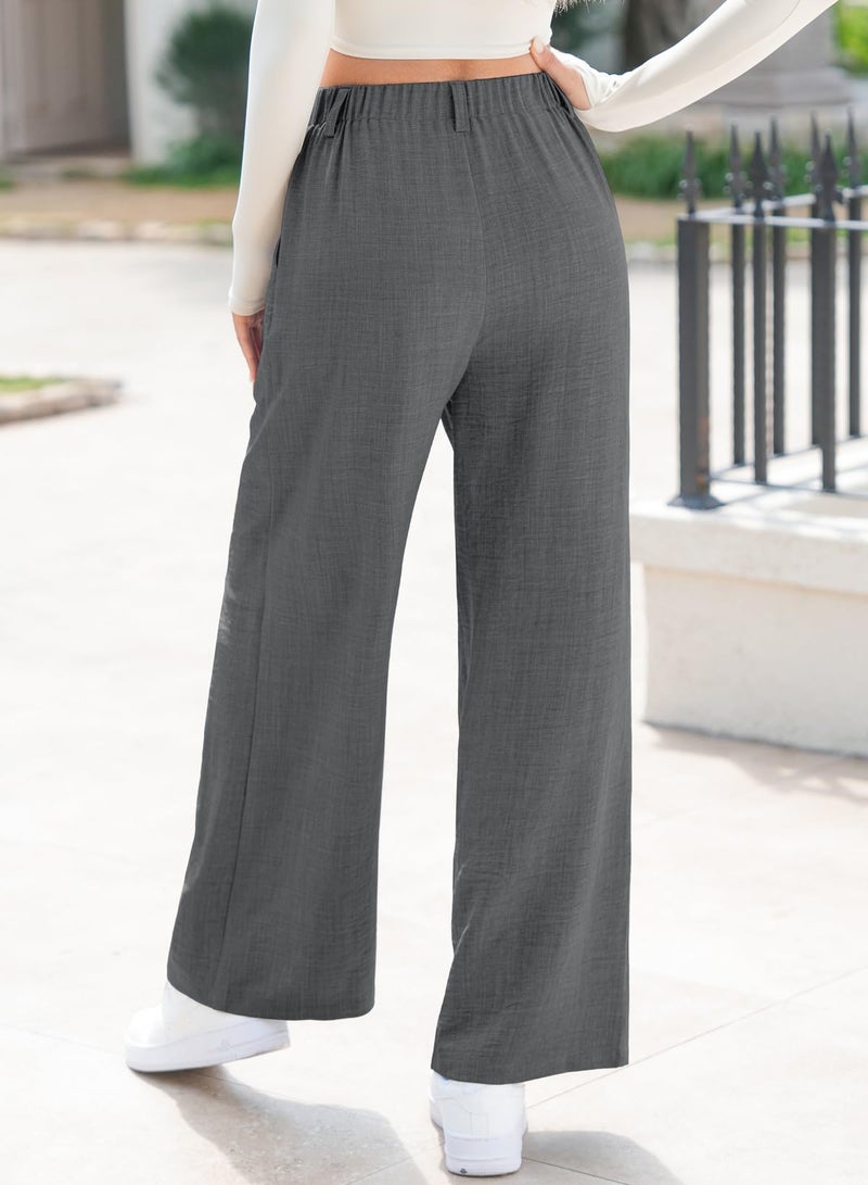 EVALESS Linen Texture Work Pants for Women Summer Wide Leg Business Casual Trousers Elastic High Waisted Flowy Palazzo Pants Ladies Spring Baggy Comfy Slacks with Pockets Grey Large - Image 3