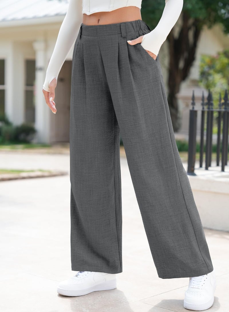 EVALESS Linen Texture Work Pants for Women Summer Wide Leg Business Casual Trousers Elastic High Waisted Flowy Palazzo Pants Ladies Spring Baggy Comfy Slacks with Pockets Grey Large - Image 2