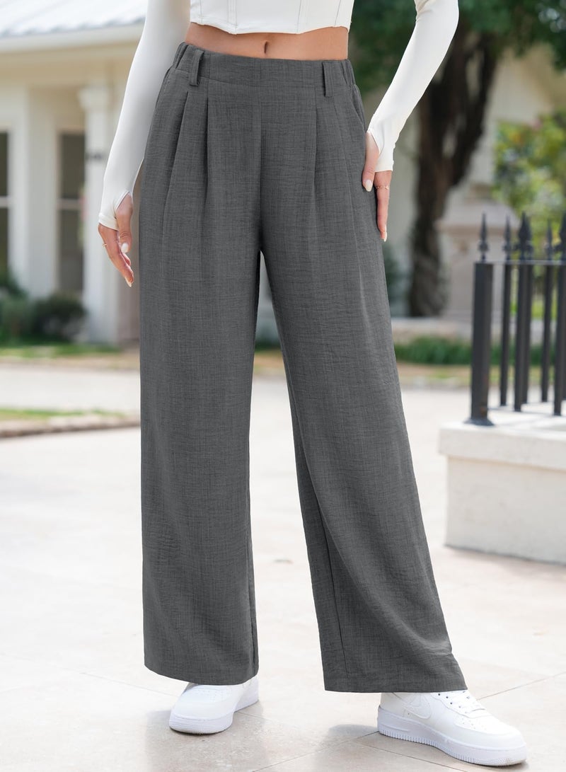 EVALESS Linen Texture Work Pants for Women Summer Wide Leg Business Casual Trousers Elastic High Waisted Flowy Palazzo Pants Ladies Spring Baggy Comfy Slacks with Pockets Grey Large - Image 5
