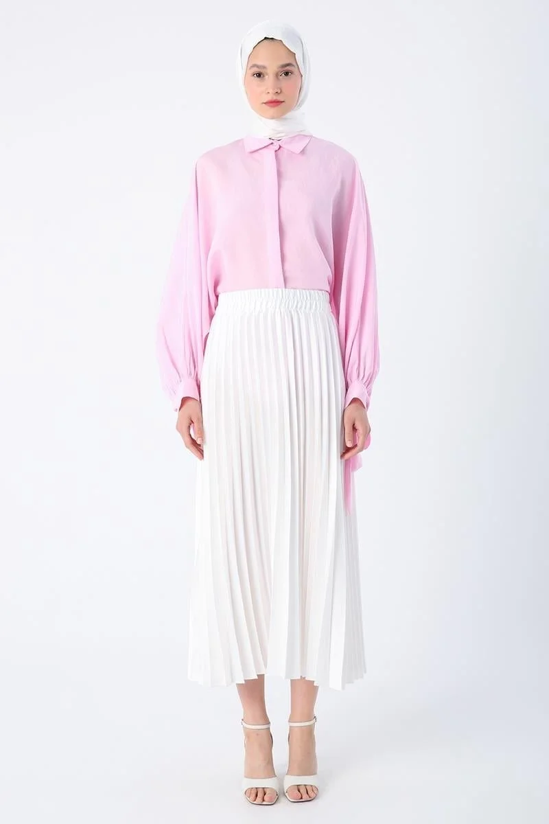 Allday White-Elastic Waist Pleated Comfortable Satin Skirt