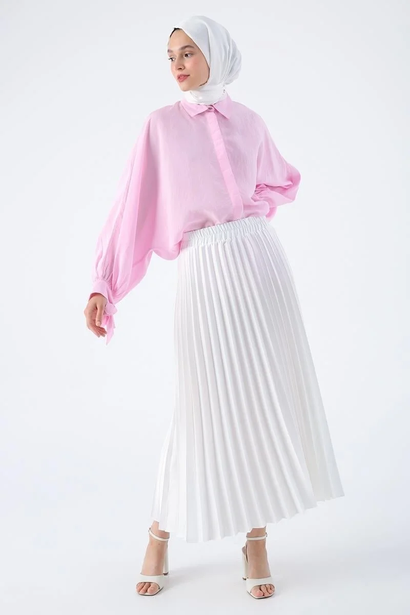 Allday White-Elastic Waist Pleated Comfortable Satin Skirt