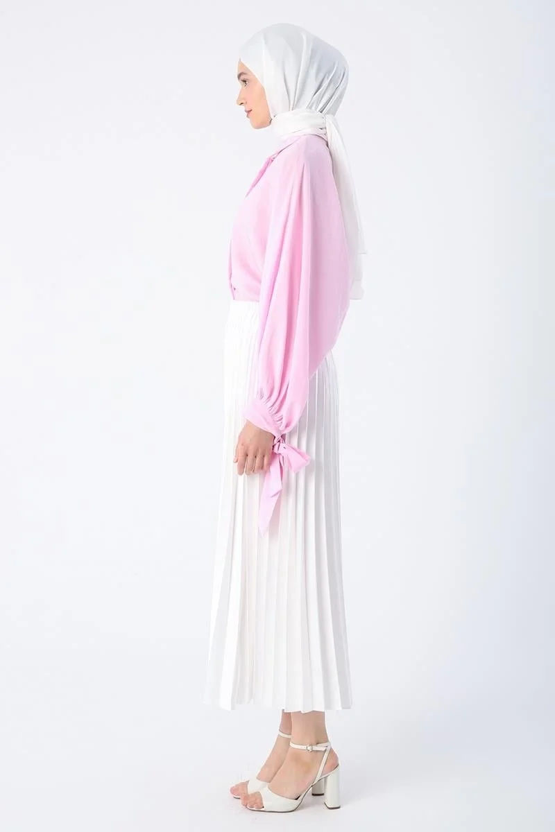 Allday White-Elastic Waist Pleated Comfortable Satin Skirt