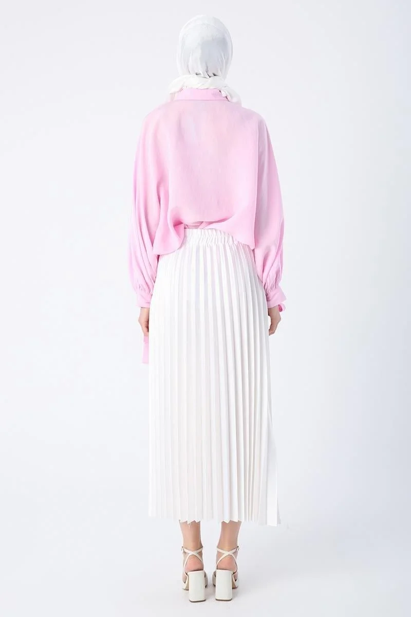 Allday White-Elastic Waist Pleated Comfortable Satin Skirt