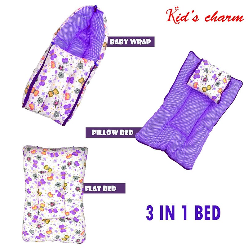 Kid's Charm Kids Charm Butterfly Mega 3 in 1 Babys Cotton Bed Cum Carry Bed Printed Baby Sleeping BagBaby BedInfant Portable for Unisex Easily Portable Light Weight Carry for New Born 48 Months Old Violet - Image 2