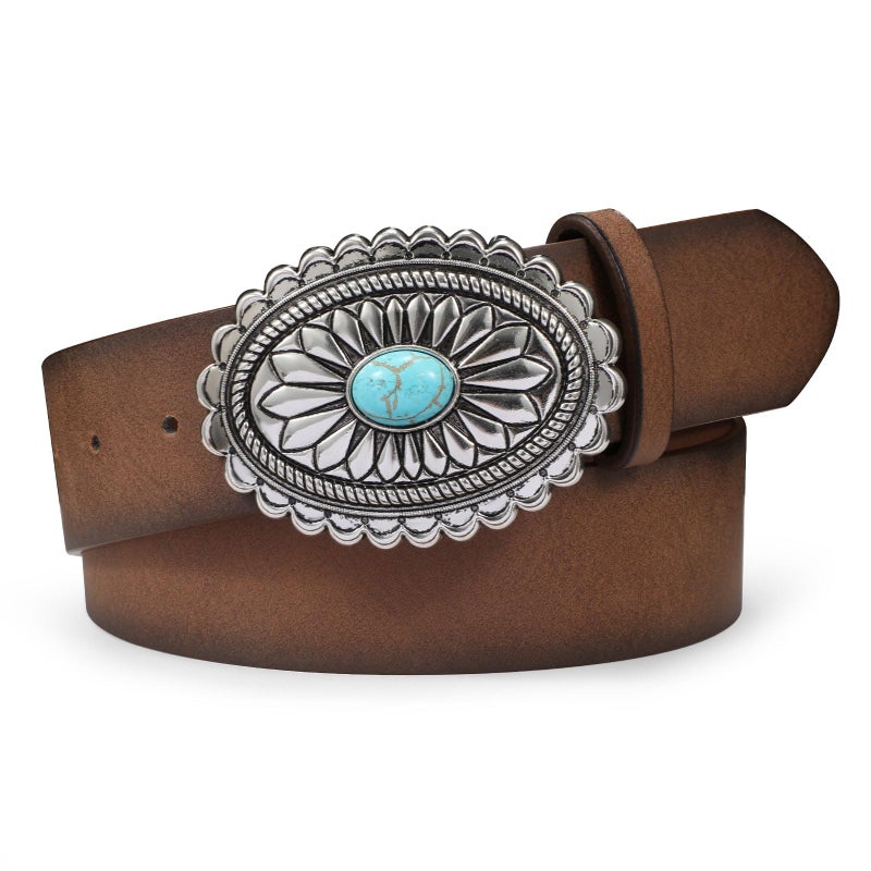 TRIWORKS Women's Western Leather Belt Vintage Medieval Turquoise Buckle Belt Ladies Cowgirl Concho Leather Belt - Image 1