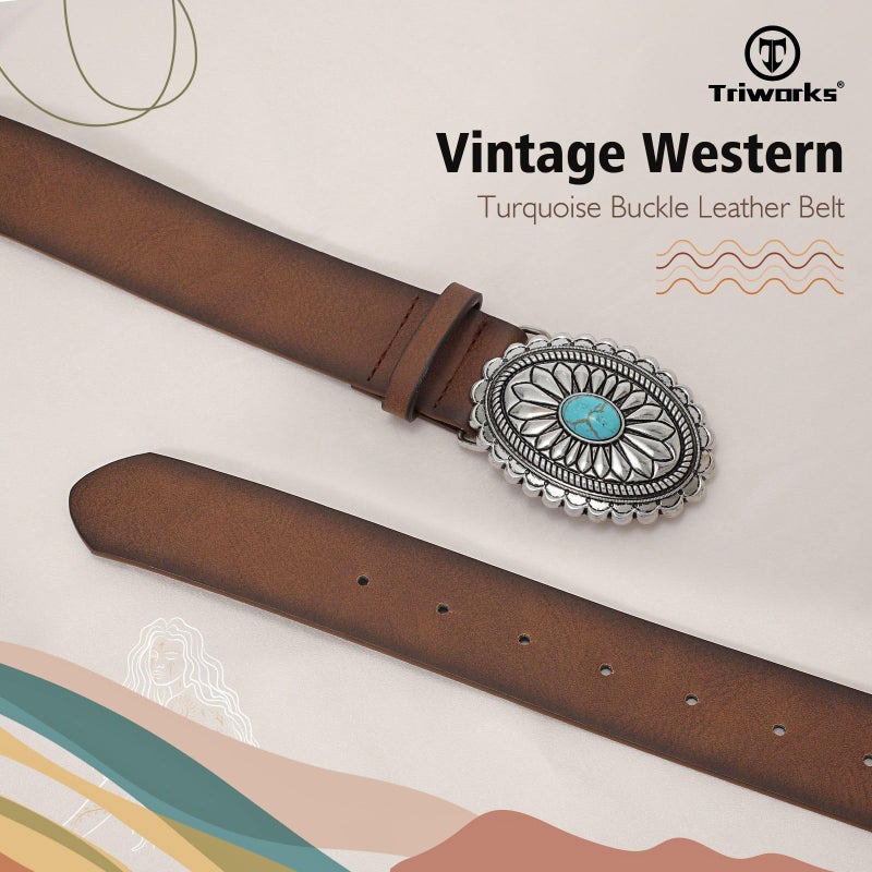 TRIWORKS Women's Western Leather Belt Vintage Medieval Turquoise Buckle Belt Ladies Cowgirl Concho Leather Belt - Image 3