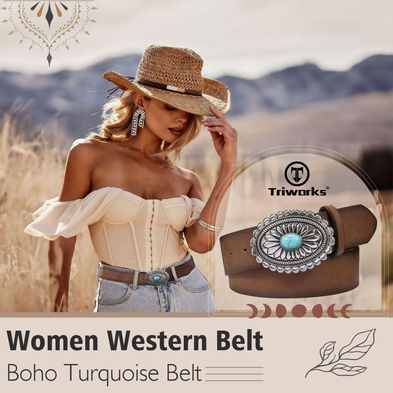 TRIWORKS Women's Western Leather Belt Vintage Medieval Turquoise Buckle Belt Ladies Cowgirl Concho Leather Belt - Image 2