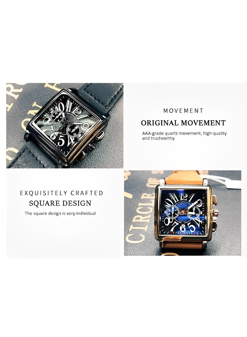 REOCLE Men's Square Wrist Watch Quartz Watch with Square Dial & Leather Strap & Everyday Water Resistance & Calendar Function Fashion Business Watch - Image 3