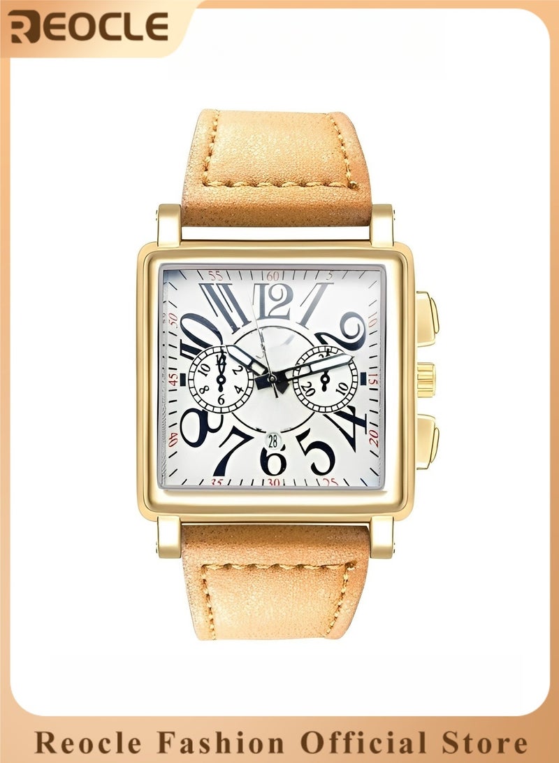 REOCLE Men's Square Wrist Watch Quartz Watch with Square Dial & Leather Strap & Everyday Water Resistance & Calendar Function Fashion Business Watch - Image 1