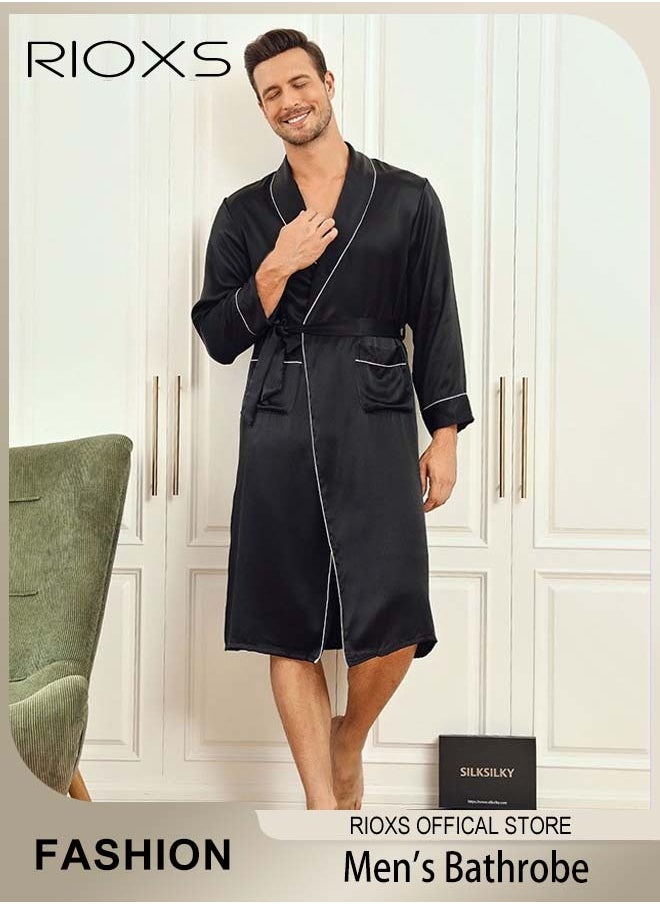 RIOXS Men's Silky Satin Robe with Adjustable Tie and 2 Pockets, Skin-friendly Lightweight Kimono Bathrobe, Stylish Comfortable Nightgown, Great for Daily Wear, Beach Wear, Loungewear or Other Casual Occasions  - Image 1