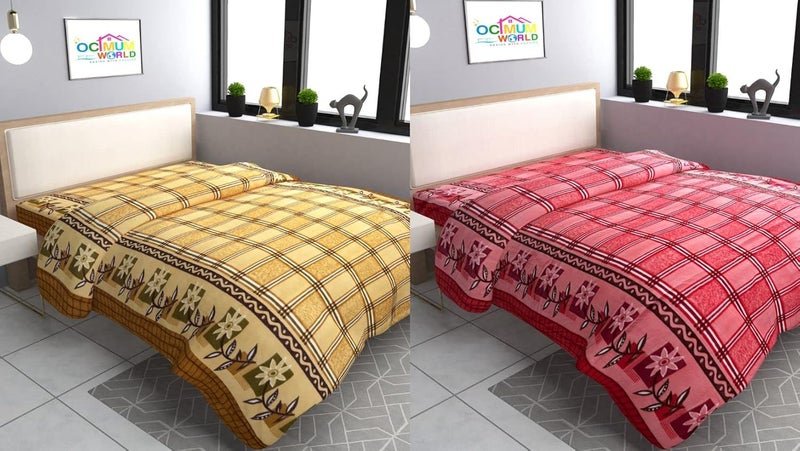 MORADO MORADO Single Bed Woolen Fabric Checkered Quilt CoverDuvet CoverRajai CoverBlanket Cover for Winters 70x90 Inches Mustard and Red Combo of 2 - Image 1