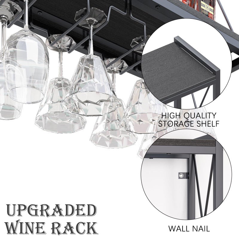 Dosker Dokser Wine Rack Wall Mounted Shelf - 2 Tier, Rustic Wood & Industrial Iron Frame Wine Bottle Holder for Kitchen, Dining Room, Home Bar Decor (Black) - Image 2