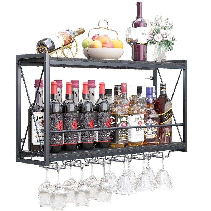 Dosker Dokser Wine Rack Wall Mounted Shelf - 2 Tier, Rustic Wood & Industrial Iron Frame Wine Bottle Holder for Kitchen, Dining Room, Home Bar Decor (Black) - Image 1