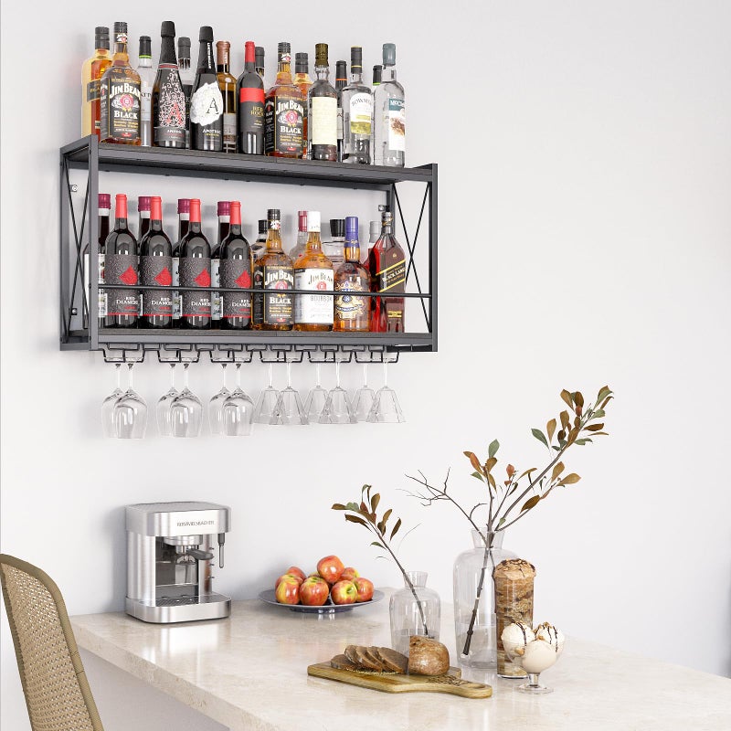 Dosker Dokser Wine Rack Wall Mounted Shelf - 2 Tier, Rustic Wood & Industrial Iron Frame Wine Bottle Holder for Kitchen, Dining Room, Home Bar Decor (Black) - Image 3
