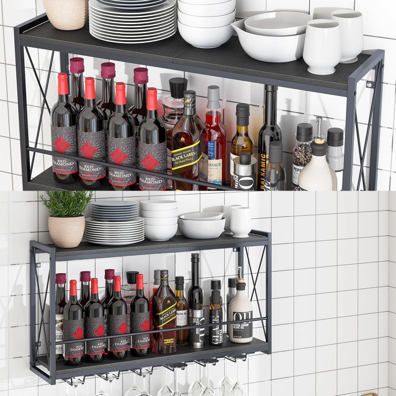 Dosker Dokser Wine Rack Wall Mounted Shelf - 2 Tier, Rustic Wood & Industrial Iron Frame Wine Bottle Holder for Kitchen, Dining Room, Home Bar Decor (Black) - Image 4
