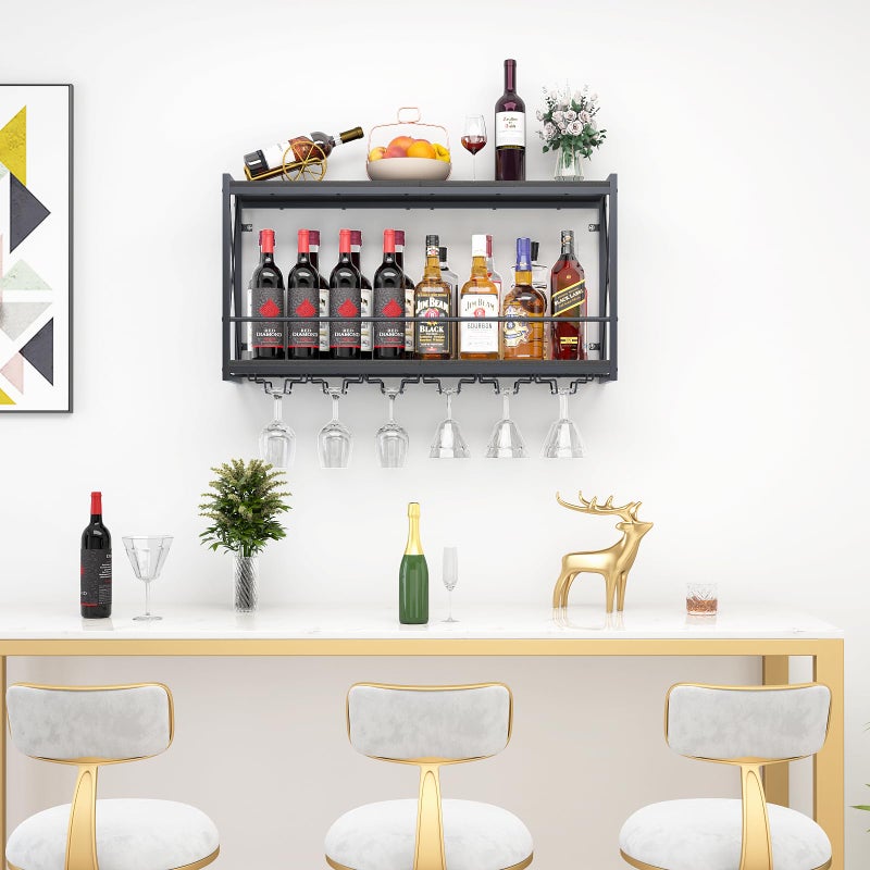 Dosker Dokser Wine Rack Wall Mounted Shelf - 2 Tier, Rustic Wood & Industrial Iron Frame Wine Bottle Holder for Kitchen, Dining Room, Home Bar Decor (Black) - Image 5