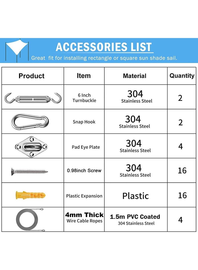 Zarmanuae Upgraded 44PCs Sun Shade Sail Fixing Kit, Shade Sail Hardware Kit 4mm Thick Stainless Steel Ropes for Triangle Rectangle Sun Shade Sail Installation - Image 4