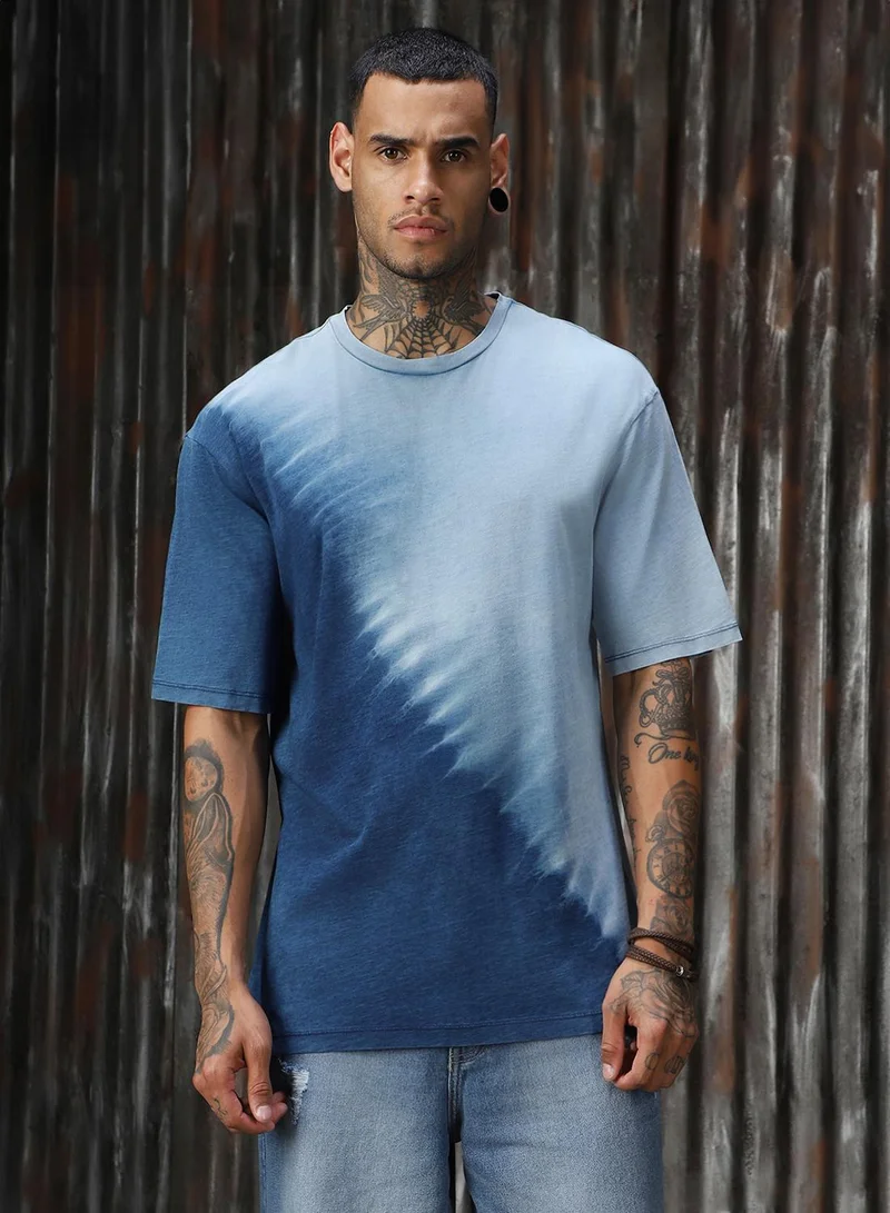 HIGH STAR Men's Mid Blue Single Jersey Printed Relaxed Fit T-Shirt