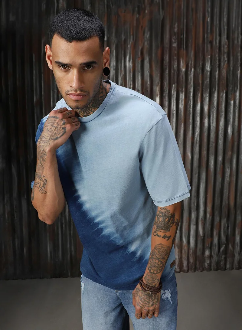 هاي ستار Men's Mid Blue Single Jersey Printed Relaxed Fit T-Shirt