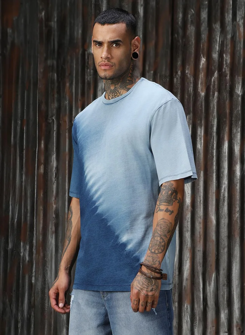 هاي ستار Men's Mid Blue Single Jersey Printed Relaxed Fit T-Shirt