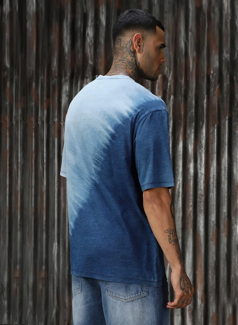 HIGH STAR Men's Mid Blue Single Jersey Printed Relaxed Fit T-Shirt