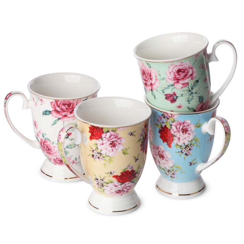 BTaT Large Coffee Mugs 12 oz Set of 4 Floral Mugs for Coffee Cups Set Porcelain Bone China Tea Mug