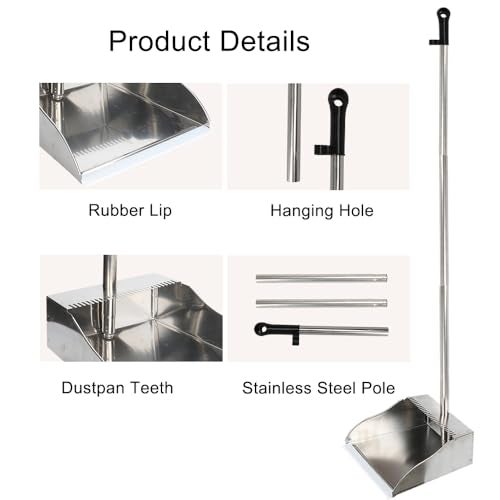 MuLing Metal Dustpan Long Handle Stainless Steel Dustpan,Heavy Duty Standing Dust Pan with Teeth, Indoor Outdoor Up for Home Kitchen Lobby Room Office - Image 3