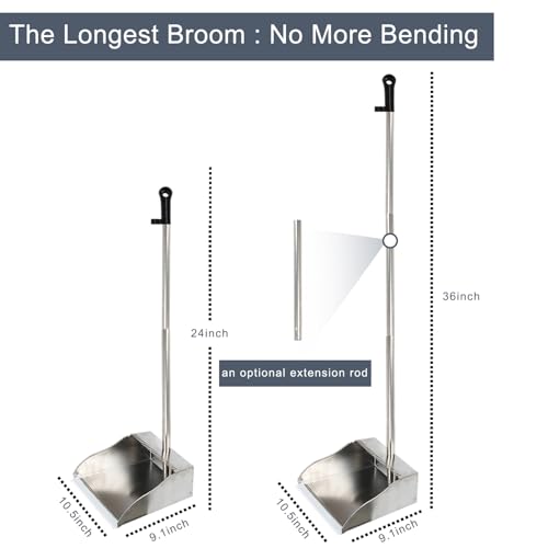 MuLing Metal Dustpan Long Handle Stainless Steel Dustpan,Heavy Duty Standing Dust Pan with Teeth, Indoor Outdoor Up for Home Kitchen Lobby Room Office - Image 2