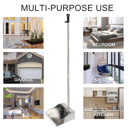 MuLing Metal Dustpan Long Handle Stainless Steel Dustpan,Heavy Duty Standing Dust Pan with Teeth, Indoor Outdoor Up for Home Kitchen Lobby Room Office - Image 4