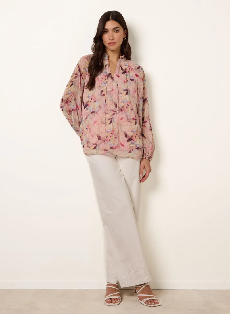 Blue Vanilla Watercolour Floral Printed Tie Front Blouse