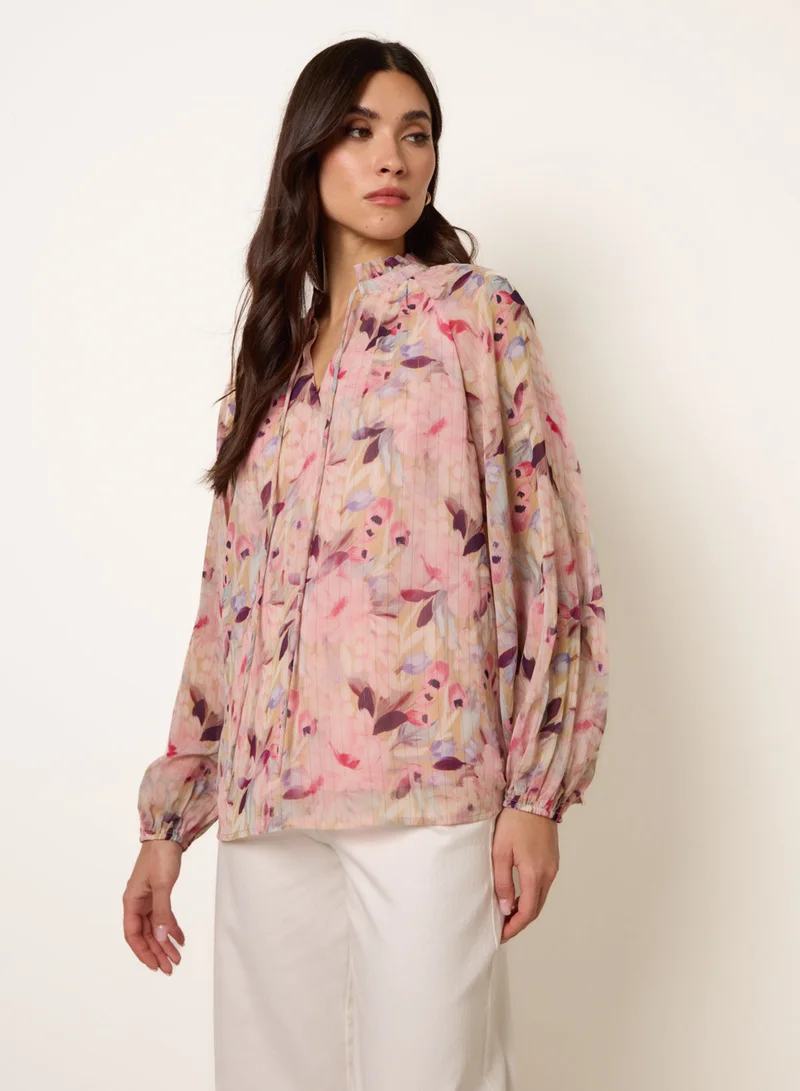 Blue Vanilla Watercolour Floral Printed Tie Front Blouse