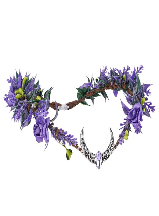 MOSTORY Purple Moon Flower Crown - Handmade Floral Fairy Headpiece Woodland Elven Circlet Forest Wreath for Women Girls Wedding Renaissance Party Cosplay Photo Shoot - Image 1
