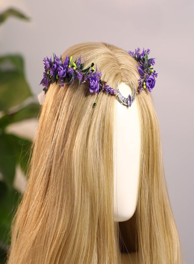 MOSTORY Purple Moon Flower Crown - Handmade Floral Fairy Headpiece Woodland Elven Circlet Forest Wreath for Women Girls Wedding Renaissance Party Cosplay Photo Shoot - Image 5