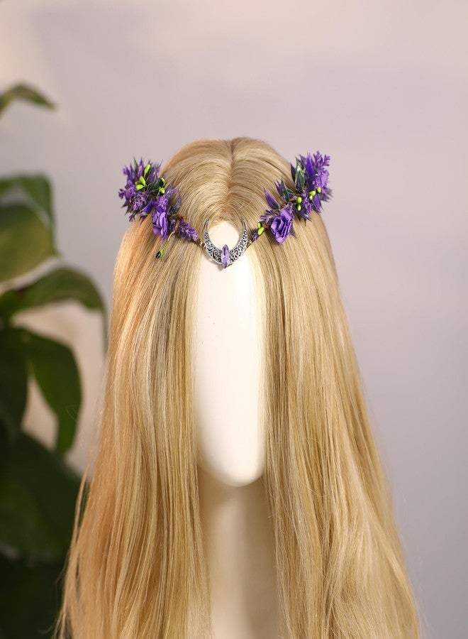 MOSTORY Purple Moon Flower Crown - Handmade Floral Fairy Headpiece Woodland Elven Circlet Forest Wreath for Women Girls Wedding Renaissance Party Cosplay Photo Shoot - Image 4