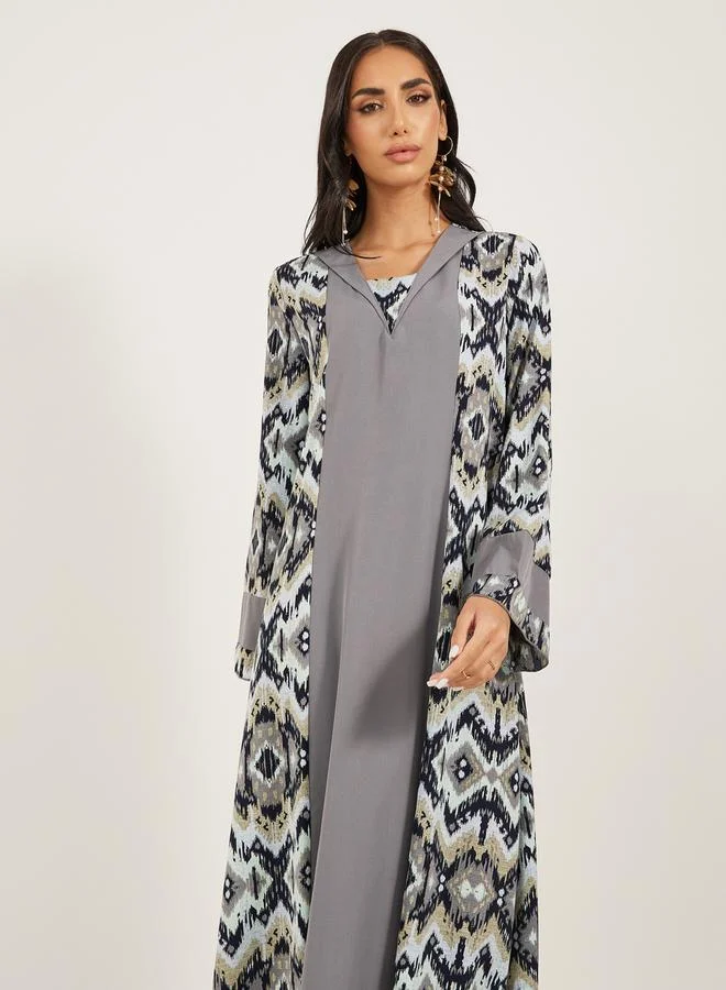Styli All Over Print Flat Collared Panelled Jalabiya