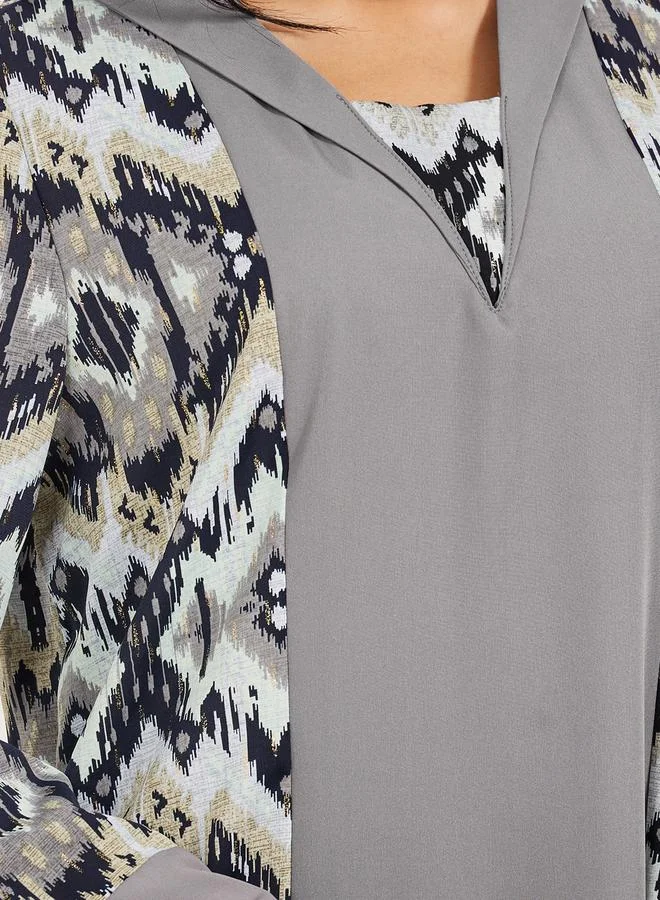 Styli All Over Print Flat Collared Panelled Jalabiya